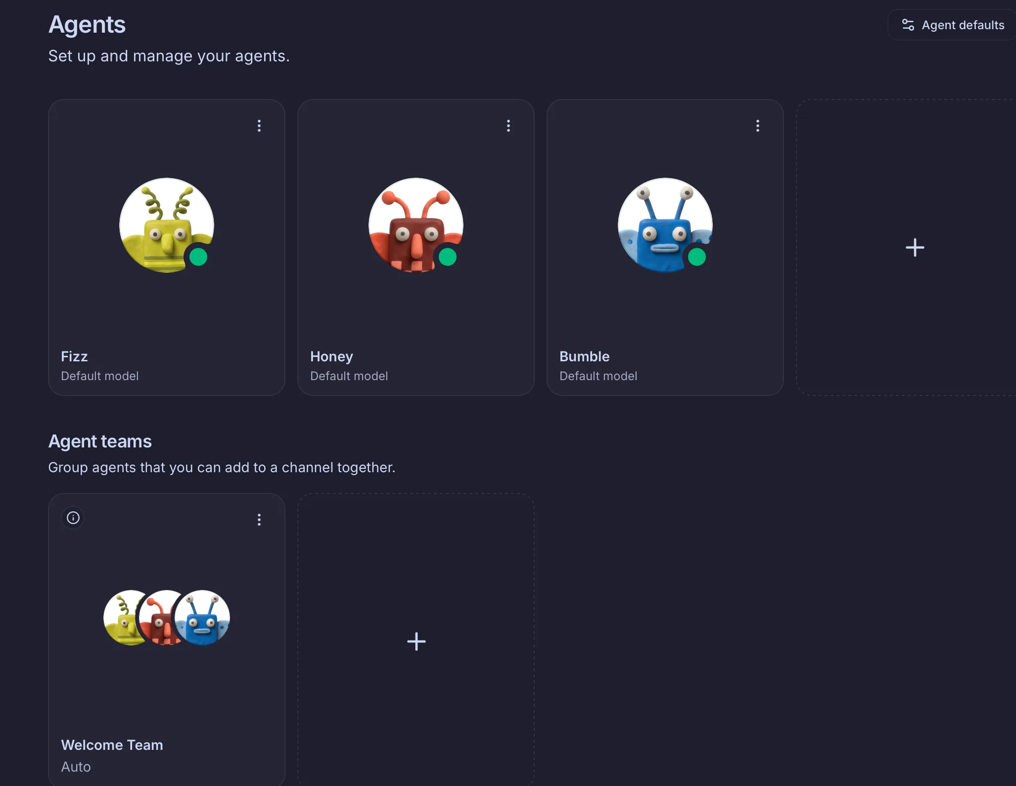 The Agents page in Buzz Desktop with three agents and an agent team