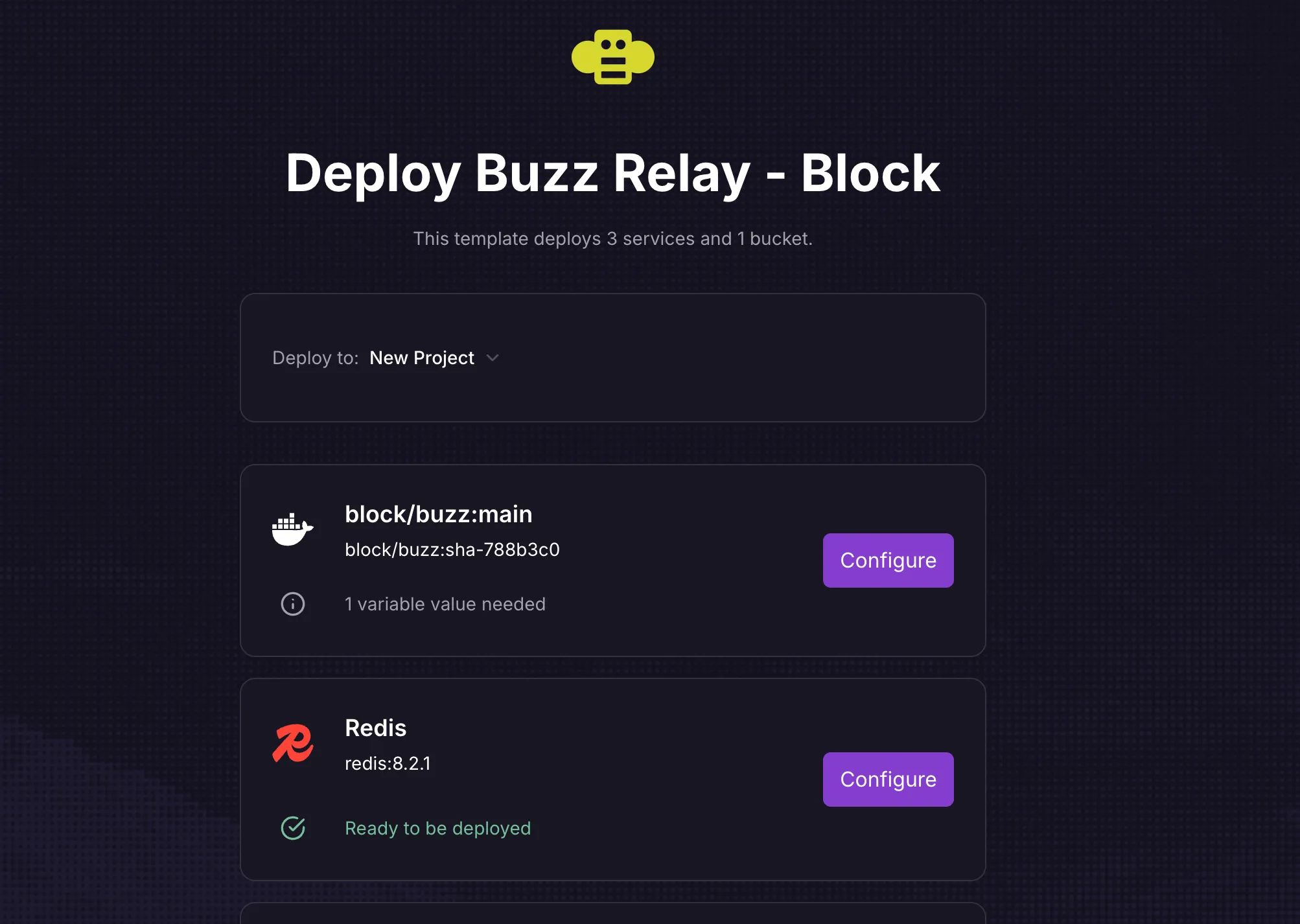 The Railway template configuration screen for the Buzz relay