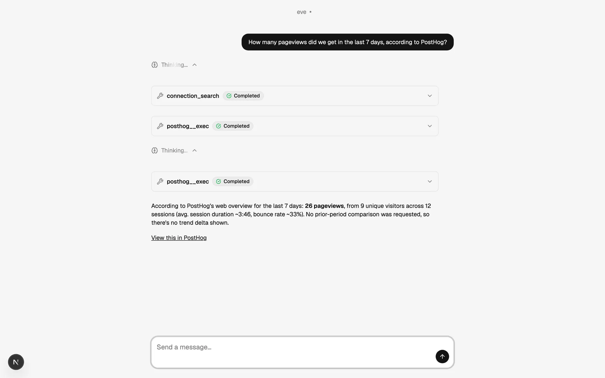 The Eve chat UI answering a PostHog pageview question after discovering the connection and running two queries